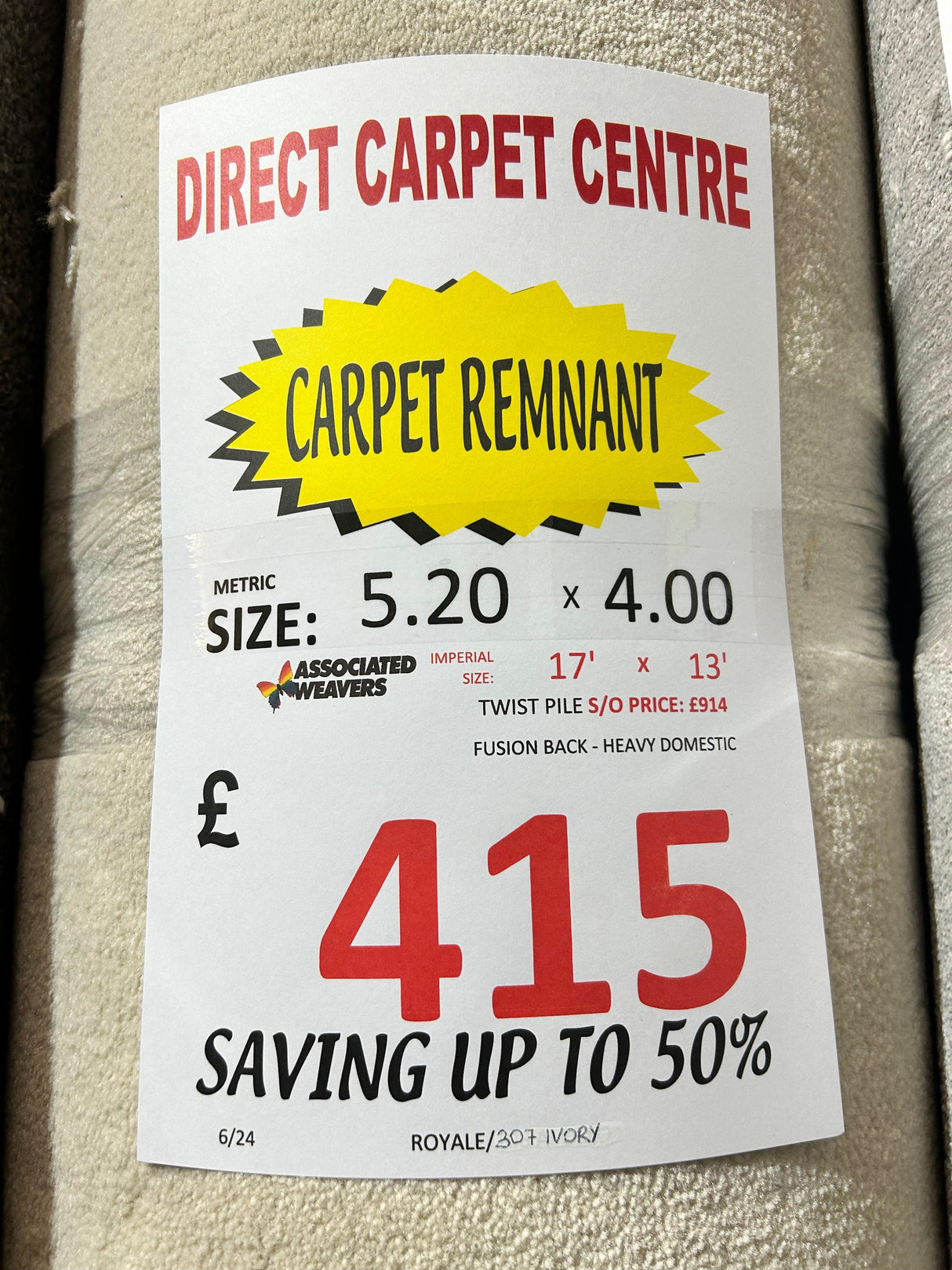 Ideal Royale Luxury Velvet - 307 Ivory - 4m x 5.20m Carpet Remnant – by Ideal – 2