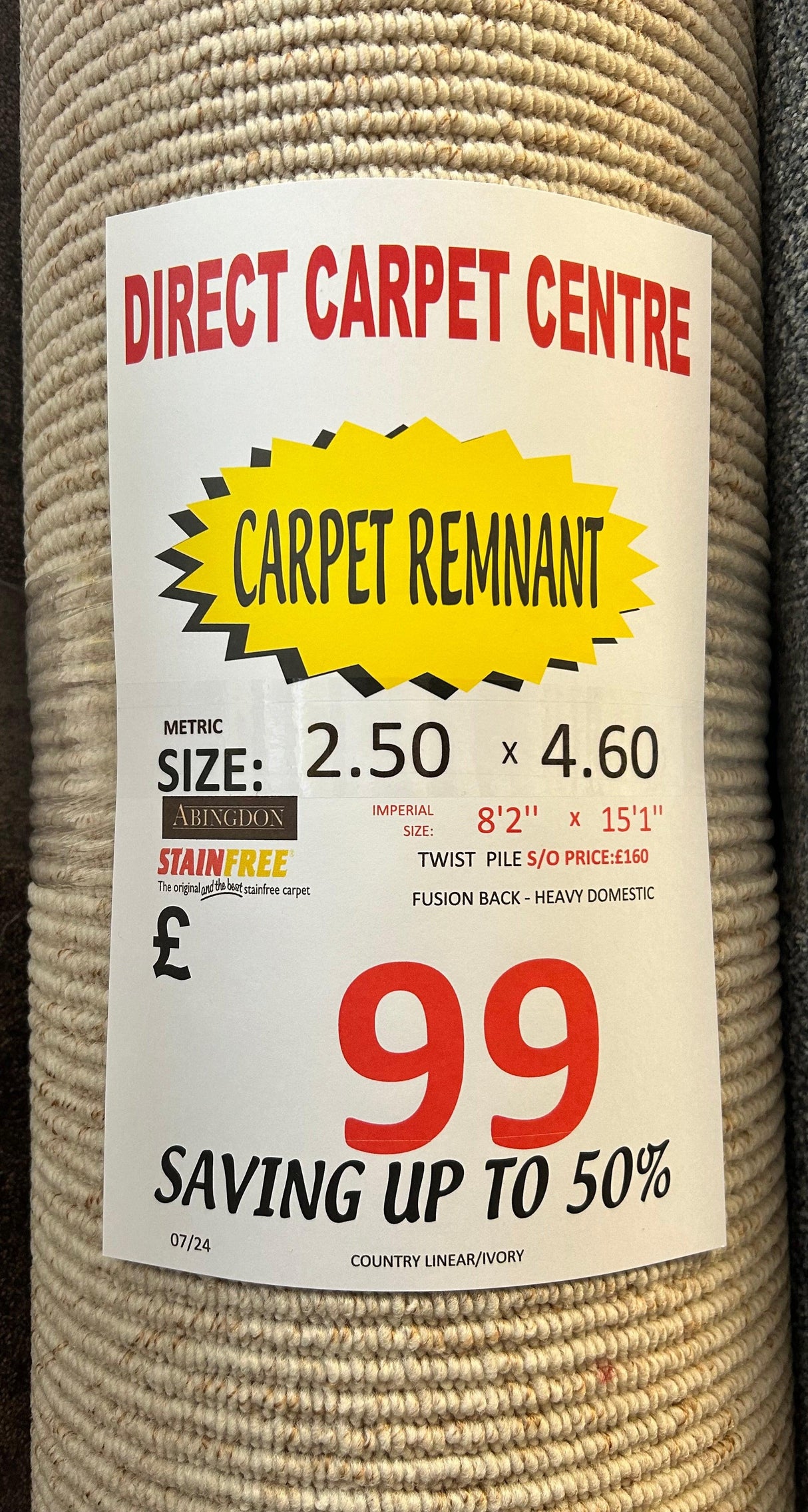 Abingdon Stainfree Country Linear - Ivory - 2.50m x 4.60m Carpet Remnant – by Abingdon Flooring – 2