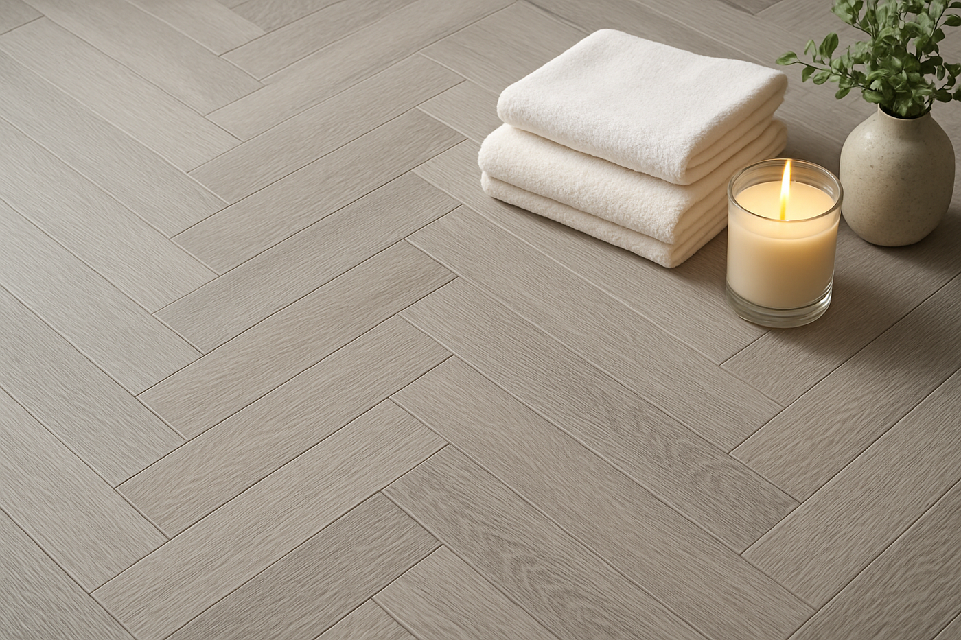 Roomshot of herringbone grey vinyl flooring